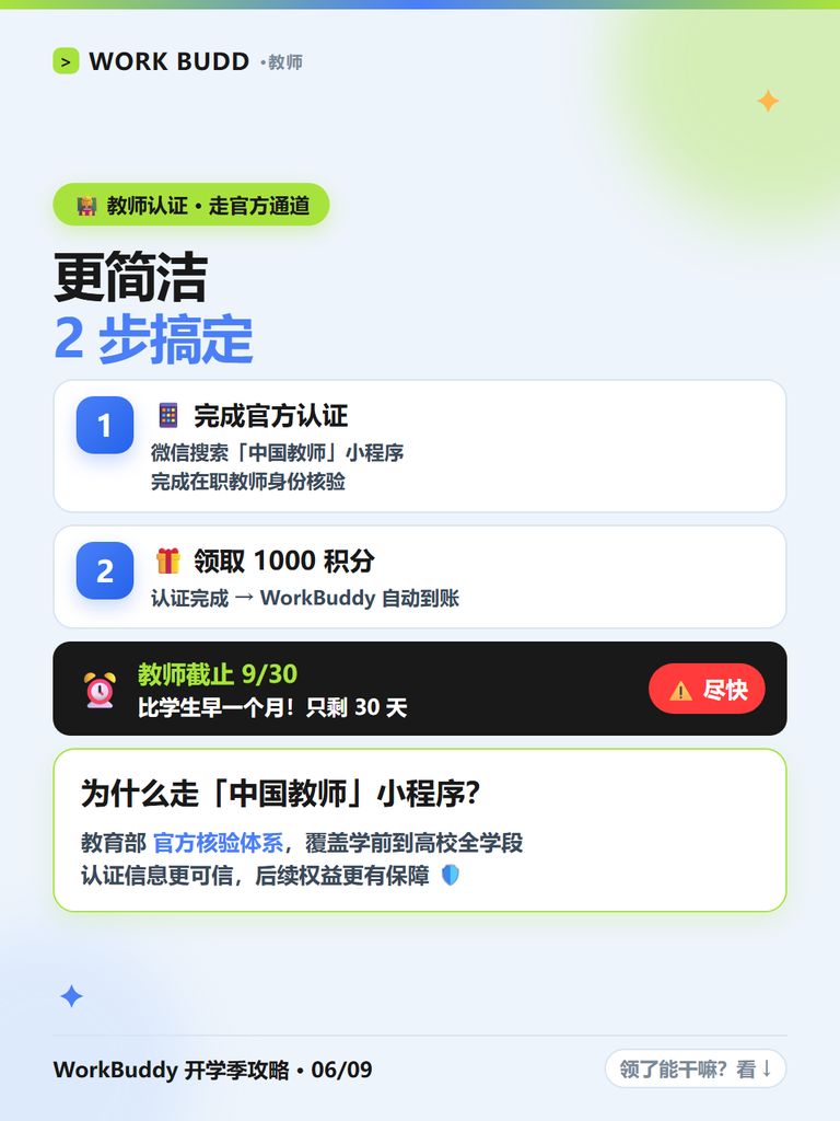 图片[8]-开学季白送 1000 积分？WorkBuddy师生认证全攻略：学生老师都能领，不抽奖不拼手速🎓 输入 / 来选择一个区块
