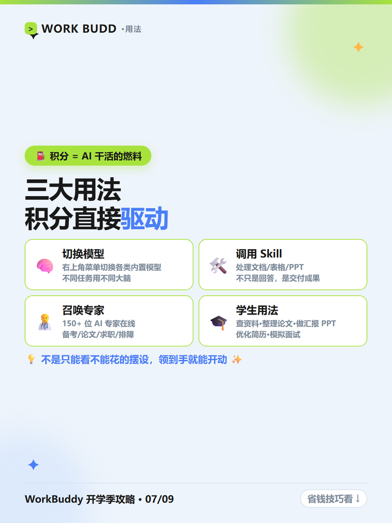 图片[9]-开学季白送 1000 积分？WorkBuddy师生认证全攻略：学生老师都能领，不抽奖不拼手速🎓 输入 / 来选择一个区块